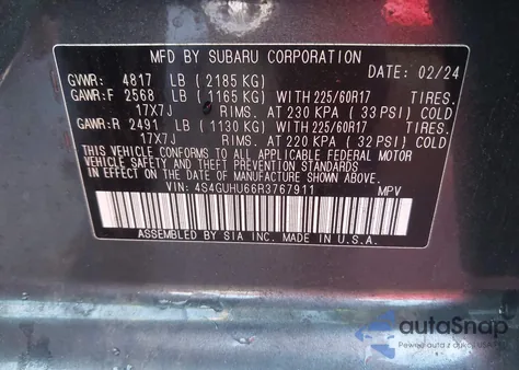 2024 Subaru Crosstrek Wilderness из США, поврежденный, VIN 4S4GUHU66R3767911